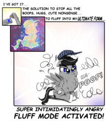 Size: 1800x2042 | Tagged: safe, artist:chopsticks, oc, oc only, oc:chopsticks, pony, angry, boop, bottle, butt fluff, cheek fluff, chest fluff, chopsticks is not amused, clothes, comic, cute, excessive fluff, feather, final form, fluffy, hat, impossibly large chest fluff, male, poof, potion, simple background, solo, stallion, text, this will end in boops, transformation, transformation sequence, unamused, unshorn fetlocks, weapons-grade cute, wing hands, wing hold, wings