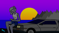 Size: 1620x912 | Tagged: safe, artist:yenchey, limestone pie, anthro, g4, back to the future, car, delorean, digital art, female, mountain, no mouth, sitting, solo, sunset, synthwave