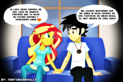 Size: 900x601 | Tagged: safe, artist:carnifex, artist:tonyxmarshall2, edit, editor:tonyxmarshall2, sunset shimmer, oc, oc:tony marshall, equestria girls, g4, art theft, canon x oc, spanish, sunshall, trace, translated in the comments, watermark