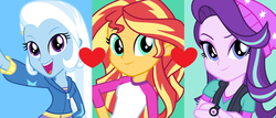 Size: 1300x554 | Tagged: safe, artist:themexicanpunisher, starlight glimmer, sunset shimmer, trixie, equestria girls, equestria girls specials, g4, my little pony equestria girls: legend of everfree, my little pony equestria girls: mirror magic, official, beanie, camp everfree outfits, clothes, female, hat, lesbian, love triangle, ship:startrix, ship:suntrix, shipping
