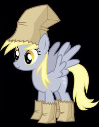Size: 640x821 | Tagged: safe, derpy hooves, pegasus, pony, g4, luna eclipsed, black background, clothes, costume, female, happy, mare, nightmare night costume, paper bag, paper bag wizard, simple background, smiling, spread wings, wings