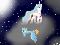 Size: 1024x768 | Tagged: safe, artist:dolphingirl02, princess celestia, oc, oc:harmony star, alicorn, pony, g4, alicorn oc, cloud, duo, female, frown, hoof shoes, lying on a cloud, male, mare, night, on a cloud, peytral, raised hoof, stallion, standing on a cloud, stars