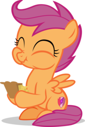 Size: 1290x1931 | Tagged: safe, artist:frownfactory, scootaloo, pegasus, pony, g4, the break up breakdown, .svg available, ^^, cute, cutealoo, cutie mark, eating, eyes closed, female, filly, food, pie, simple background, sitting up, solo, svg, the cmc's cutie marks, transparent background, vector, wings