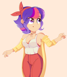 Size: 2963x3374 | Tagged: safe, artist:pastelhorses, twilight sparkle, human, g4, alternate hairstyle, armpits, breasts, clothes, female, high res, humanized, pants, simple background, solo, tank top