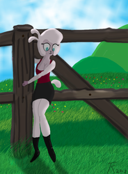 Size: 1100x1491 | Tagged: safe, artist:timanttikoira, pom (tfh), anthro, unguligrade anthro, them's fightin' herds, boots, breasts, clothes, cloud, community related, cute, female, fence, grass, looking down, miniskirt, shoes, skirt, sky, smiling, solo