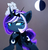 Size: 1332x1383 | Tagged: safe, artist:magnaluna, princess luna, oc, oc:zefiroth, alicorn, dragon, pony, alternate hairstyle, alternate universe, aside glance, cheek fluff, choker, colored wings, colored wingtips, female, frown, gradient background, leg fluff, lidded eyes, mare, moon, sparkles, wide eyes