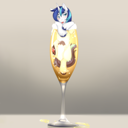 Size: 2000x2000 | Tagged: safe, artist:everfreeshrine, edit, shining armor, pony, unicorn, g4, alcohol, blushing, champagne, cup, cup of pony, drink, drunk, glass, high res, looking at you, male, micro, solo, wine