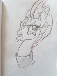 Size: 4032x3024 | Tagged: safe, artist:dyonys, tempest shadow, pony, g4, broken horn, bust, female, horn, kiss (band), mare, paul stanley, piercing, solo, tongue out, tongue piercing, traditional art