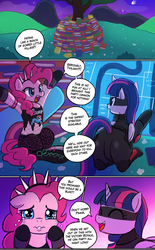 Size: 650x1050 | Tagged: safe, artist:lumineko, pinkie pie, twilight sparkle, alicorn, earth pony, pony, comic:book fort-nite sexy royale, g4, angry, book, book fort, butt, clothes, comic, crying, dialogue, female, fortnite, grass, hairband, mare, mask, open mouth, plot, power chord (fortnite), shadow ops (fortnite), smiling, stars, tree, twibutt, twilight sparkle (alicorn)