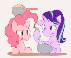Size: 680x560 | Tagged: safe, artist:akainu_pony, artist:szafir87, pinkie pie, starlight glimmer, earth pony, pony, unicorn, every little thing she does, g4, season 6, :p, animated, baking, balancing, bouncing, bowl, cute, diapinkes, female, floppy ears, gif, glimmerbetes, headbob, hoof hold, mare, mixing bowl, pinkie being pinkie, ponk, raised eyebrow, simple background, smiling, smirk, tongue out, white background