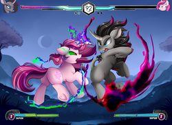 Size: 3395x2472 | Tagged: safe, artist:pridark, fhtng th§ ¿nsp§kbl, oleander (tfh), oc, classical unicorn, pony, unicorn, them's fightin' herds, cloven hooves, commission, community related, crescent moon, crossover, curved horn, female, fight, health bars, high res, horn, leonine tail, mare, moon, open mouth, rearing, sombra eyes, tree, unshorn fetlocks, video game