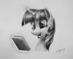 Size: 1500x1200 | Tagged: safe, artist:lollipony, twilight sparkle, pony, g4, book, bust, female, magic, mare, portrait, smiling, solo, traditional art
