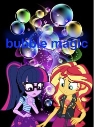 Size: 1134x1536 | Tagged: safe, editor:php77, sci-twi, sunset shimmer, twilight sparkle, equestria girls, g4, my little pony equestria girls: better together, alternate universe, clothes, geode of empathy, glasses, jacket, leather jacket, looking down, magical geodes, open mouth, ponytail, skirt