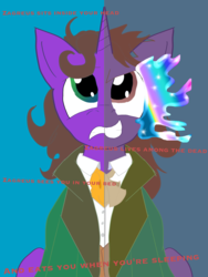 Size: 1536x2048 | Tagged: safe, artist:sixes&sevens, derpibooru exclusive, doctor whooves, time turner, pony, unicorn, two sided posters, g4, clothes, cravat, crossover, doctor who, eighth doctor, frock coat, mind control, ponified, shirt, split screen, the doctor, two sides, waistcoat, zagreus