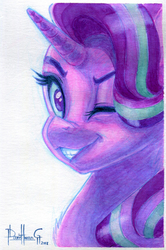 Size: 2794x4205 | Tagged: safe, artist:invalid-david, starlight glimmer, pony, unicorn, g4, bust, female, mare, painting, portrait, simple background, smiling, solo, traditional art, watercolor painting