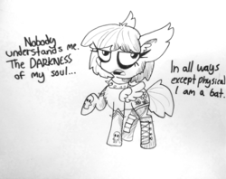 Size: 1822x1440 | Tagged: safe, artist:tjpones, oc, oc only, pegasus, pony, boots, chest fluff, choker, clothes, dialogue, ear fluff, female, gloves, goth, grayscale, mare, monochrome, on all levels except physical, open mouth, raised hoof, shoes, solo, spiked choker, traditional art