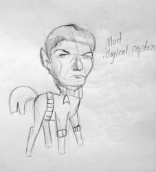 Size: 1408x1554 | Tagged: safe, artist:tjpones, pony, clothes, dialogue, grayscale, illogical, monochrome, ponified, solo, spock, star trek, traditional art, uniform, vulcan, vulcan pony, wat