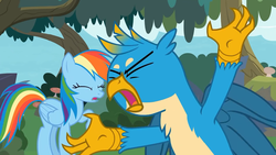 Size: 1280x720 | Tagged: safe, screencap, gallus, rainbow dash, griffon, pegasus, pony, g4, non-compete clause, angry, eyes closed, female, male, screaming