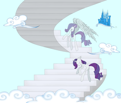 Size: 3000x2550 | Tagged: safe, artist:tatemagiqueesquisse, rarity, alicorn, angel, pony, unicorn, g4, afterlife, alicornified, angel rarity, blank flank, castle, cloud, crying, dead, death, female, flying, flying castle, heaven, high res, mare, race swap, raricorn, sad, solo, soul, spirit, stairs