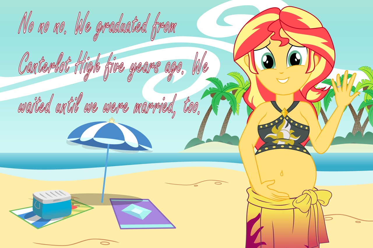 big belly, breasts, busty sunset shimmer, clothes, cooler, cute, dialogue, ...