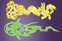 Size: 1000x658 | Tagged: safe, artist:pixelkitties, derpy hooves, queen chrysalis, g4, food, harmony key, key, muffin