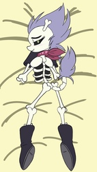 Size: 2133x3754 | Tagged: safe, artist:steelsoul, skellinore, skeleton pony, g4, :t, anthro?, bandana, bed, body pillow, body pillow design, bone, boots, embarrassed, female, frown, high res, looking at you, looking back, mare, prone, raised tail, rear view, shoes, skeleton, solo, tail, wingding eyes