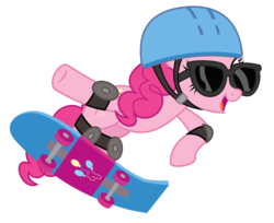 Size: 6000x4906 | Tagged: safe, artist:masem, pinkie pie, earth pony, pony, g4, testing testing 1-2-3, .svg available, absurd resolution, cutie mark, elbow pads, female, helmet, knee pads, mare, simple background, skateboard, solo, sunglasses, transparent background, vector