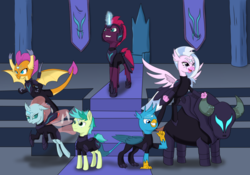 Size: 1069x748 | Tagged: safe, alternate version, artist:chedx, gallus, ocellus, sandbar, silverstream, smolder, storm king, tempest shadow, yona, changedling, changeling, classical hippogriff, dragon, griffon, hippogriff, pony, yak, comic:the storm kingdom, g4, my little pony: the movie, school daze, alternate timeline, alternate universe, armor, crystal of light, female, general tempest shadow, male, military, mind control, storm kingdom, storm six, student six, tail, tail hole, the storm six