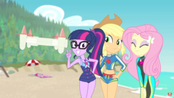 Size: 1920x1080 | Tagged: safe, edit, edited screencap, screencap, applejack, fluttershy, sci-twi, twilight sparkle, equestria girls, equestria girls specials, g4, my little pony equestria girls: better together, my little pony equestria girls: forgotten friendship, applejack's beach shorts swimsuit, beach, clothes, cute, eyes closed, female, geode of telekinesis, glasses, hand on hip, ocean, peace sign, pose, sand, selfie drone, sexy, shyabetes, smiling, swimsuit, trio, wetsuit