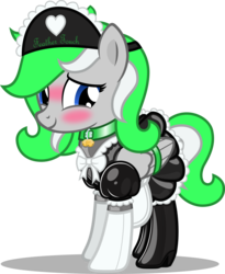 Size: 2459x3000 | Tagged: safe, artist:cyberapple456, oc, oc only, oc:feather touch, pegasus, pony, bell, blushing, bound wings, bowtie, cap, clothes, collar, cute, female, frills, gloves, hat, heart, high res, latex, latex boots, latex dress, latex skirt, latex suit, maid, mare, nervous smile, ribbon, rubber, show accurate, simple background, skirt, solo, straps, transparent background, vector