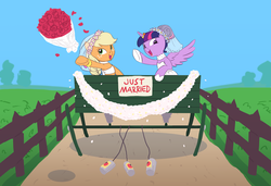Size: 5815x3974 | Tagged: safe, artist:carnifex, applejack, twilight sparkle, alicorn, earth pony, pony, g4, bouquet, bouquet toss, cans, cart, clothes, dress, duo, female, flower, hair bun, just married, lesbian, lesbian wedding, mare, marriage, ring, rose, ship:twijack, shipping, twilight sparkle (alicorn), wedding, wedding dress, wedding ring, wedding veil