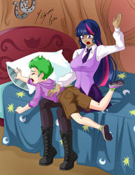 Size: 2153x2786 | Tagged: safe, artist:shinta-girl, spike, twilight sparkle, human, g4, ass, bed, butt, disciplinary action, female, golden oaks library, high res, human spike, humanized, light skin, lightly tanned skin, male, over the knee, spanking, this ended in pain