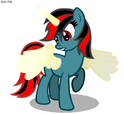 Size: 1726x1599 | Tagged: safe, artist:asika-aida, oc, oc only, oc:firma surge, pony, artificial wings, augmented, female, horn, looking down, magic, magic horn, magic wings, mare, not an alicorn, raised hoof, simple background, solo, surprised, transparent background, wings