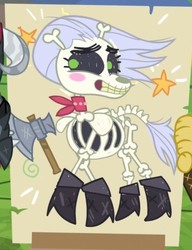 Size: 434x566 | Tagged: safe, screencap, skellinore, skeleton pony, g4, the break up breakdown, axe, battle axe, blushing, boots, cropped, crossed legs, cute, dungeons and dragons, female, mare, neckerchief, ogres and oubliettes, shoes, skeleton, skellibetes, smiling, solo, weapon