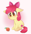 Size: 1560x1700 | Tagged: safe, artist:higglytownhero, apple bloom, earth pony, pony, g4, adorabloom, blushing, bow, cute, cutie mark, eye clipping through hair, female, filly, floppy ears, foal, food, hair bow, looking down, peach, sitting, solo