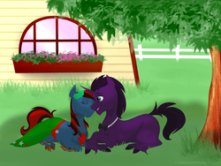 Size: 900x677 | Tagged: safe, artist:fantasyinsanity, oc, oc only, oc:firma surge, oc:knightshade, clothes, dress, fence, firmashade, grass, lying in grass, married couple, oc x oc, shipping, smiling, tree, under the tree, wedding dress, window