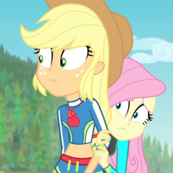 Size: 1080x1080 | Tagged: safe, edit, edited screencap, screencap, applejack, fluttershy, rainbow dash, equestria girls, equestria girls specials, g4, my little pony equestria girls: better together, my little pony equestria girls: forgotten friendship, beach, clothes, cropped, duo, female, geode of super strength, magical geodes, swimsuit