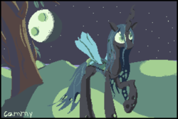 Size: 1216x812 | Tagged: safe, artist:dinexistente, queen chrysalis, changeling, changeling queen, g4, female, limited palette, moon, night, pixel art, sky, solo, stars, tree, water