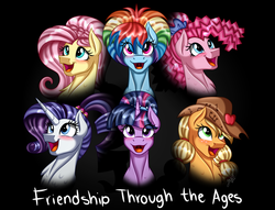 Size: 2750x2100 | Tagged: safe, artist:jack-pie, applejack, fluttershy, pinkie pie, rainbow dash, rarity, twilight sparkle, pony, friendship through the ages, g4, black background, cowboy hat, equestria girls ponified, freckles, hat, high res, mane six, open mouth, ponified, redraw, sameface, scene interpretation, signature, simple background, singing, stetson