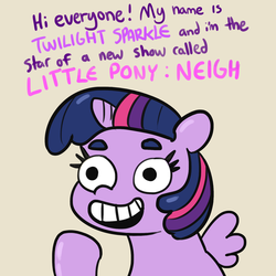 Size: 1650x1650 | Tagged: safe, artist:tjpones, twilight sparkle, alicorn, pony, g4, calarts, cursed image, dialogue, female, funny aneurysm moment, gray background, grinning potato, mare, my little pony: neigh, neigh, open mouth, parody, pointing, simple background, sitting, smiling, solo, spread wings, take that, thin-line style, thundercats roar, twilight sparkle (alicorn)