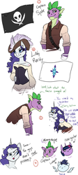 Size: 866x1928 | Tagged: safe, artist:joan-grace, rarity, soarin', spike, twilight sparkle, dragon, pegasus, unicorn, anthro, g4, :o, angry, c:, chibi, clothes, comic, corset, dialogue, eye contact, female, floating wings, floppy ears, frown, glare, gritted teeth, hat, lidded eyes, looking at each other, makeup, male, mare, older, older spike, one eye closed, open mouth, pirate, running makeup, scar, scratches, ship:sparity, shipping, simple background, smiling, smirk, smug, stallion, straight, text, white background, wings, wink