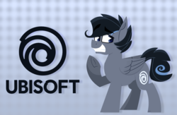 Size: 2500x1632 | Tagged: safe, artist:binkyt11, pegasus, pony, cutie mark, dreamworks face, frog (hoof), grin, hooves, logo, male, my little pony: gaming is magic, pac-man eyes, ponified, smiling, solo, stallion, text, ubisoft, underhoof, wings