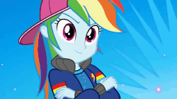 Size: 1280x720 | Tagged: safe, screencap, applejack, fluttershy, pinkie pie, rainbow dash, rarity, sci-twi, sunset shimmer, twilight sparkle, equestria girls, g4, get the show on the road, my little pony equestria girls: summertime shorts, animated, boots, clothes, cowboy hat, female, gif, hat, hip hop, humane five, humane seven, humane six, jacket, multicolored hair, rapper dash, shoes, skirt, stetson