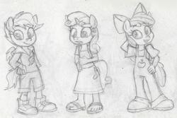 Size: 1426x954 | Tagged: safe, artist:dertikleen, apple bloom, scootaloo, sweetie belle, earth pony, pegasus, unicorn, anthro, plantigrade anthro, g4, cute, cutie mark crusaders, feet, female, monochrome, open mouth, sandals, smiling, traditional art