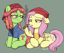 Size: 1892x1557 | Tagged: safe, artist:moozua, derpibooru exclusive, fluttershy, tree hugger, earth pony, pegasus, pony, g4, cheech and chong, clothes, cutie mark, drugs, duo, female, flutterhigh, flutterjoint, glasses, high, joint, lighter, male, mare, marijuana, pot, red eyes, round glasses, simpsons did it, smiling, smoking, the simpsons, tree stoner