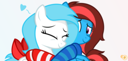 Size: 3385x1628 | Tagged: safe, artist:potato22, oc, oc only, oc:lucid heart, oc:winter white, pegasus, pony, bow, bust, clothes, couple, duo, eyes closed, female, floating heart, heart, hoof around neck, hug, lesbian, mare, multicolored hair, multicolored tail, oc x oc, shipping, simple background, socks, striped socks, tail bow, vector, white background