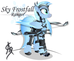 Size: 1600x1328 | Tagged: safe, artist:aleriastarlight, oc, oc only, oc:sky frostfall, classical hippogriff, hippogriff, pony, armor, badass, bow, clothes, collar, colored wings, cutie mark background, digital art, dungeons and dragons, epic, fantasy class, female, jewelry, leg strap, leggings, mare, ranger, shoes, signature, simple background, solo, text, transparent background, vector, weapon, wingding eyes