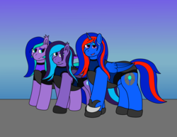 Size: 3840x2964 | Tagged: safe, artist:northern-frost, oc, oc:glory solaris, oc:ivy mist, oc:northern frost, bat pony, pegasus, pony, adopted offspring, guard armor, high res, mother and daughter, prosthetic horn, prosthetics