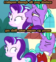 Size: 1800x2000 | Tagged: safe, edit, edited screencap, screencap, firelight, starlight glimmer, pony, unicorn, g4, the parent map, 2spooky, darkness, duo, female, firelight's confession, image macro, magic, male, mare, meme, shadow, stallion, text, this explains everything