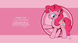 Size: 2560x1440 | Tagged: safe, artist:fuzon-s, pinkie pie, earth pony, pony, g4, female, happy, looking at you, mare, pony channel, raised hoof, solo, style emulation, wallpaper, yuji uekawa style